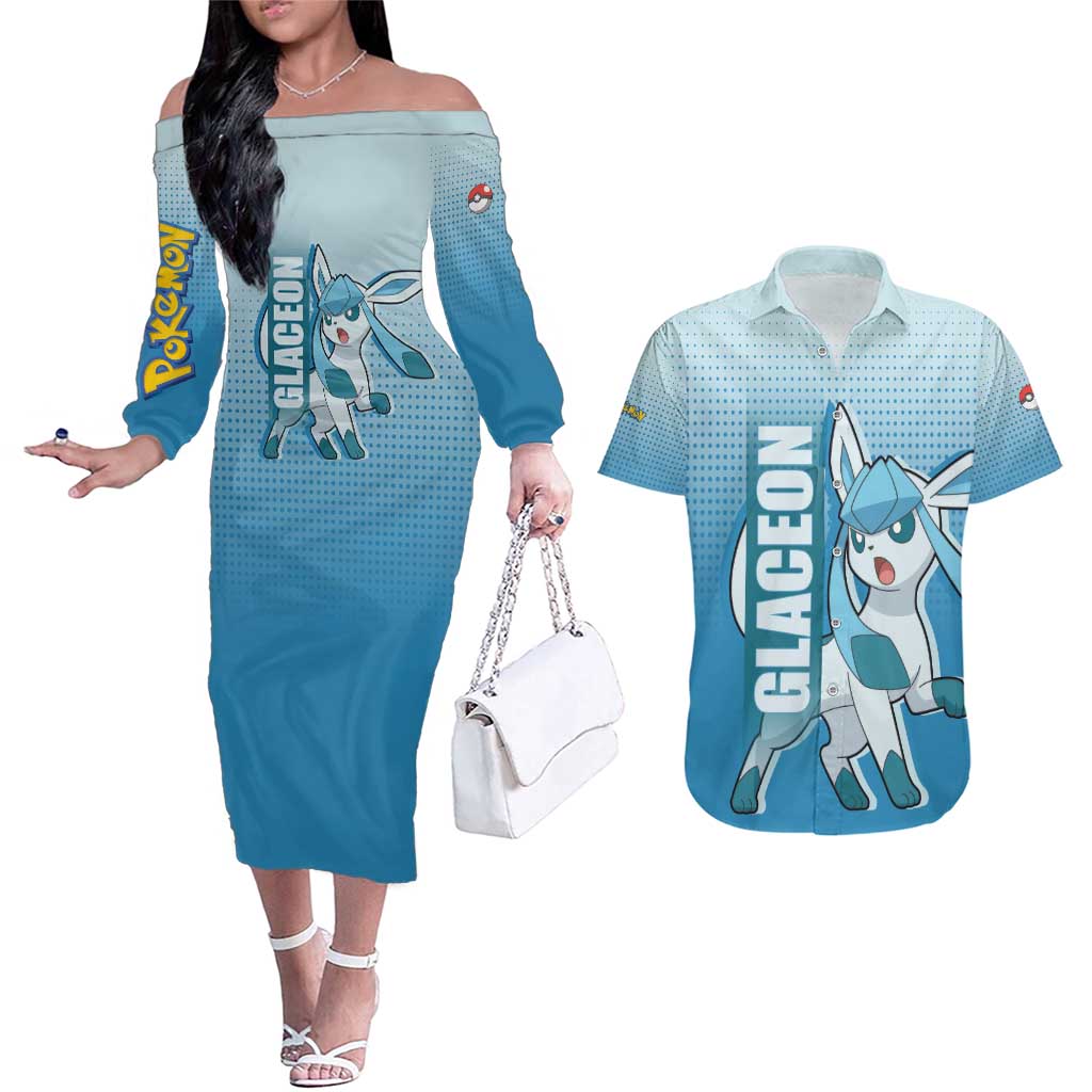 Glaceon from Poké Couples Matching Off The Shoulder Long Sleeve Dress and Hawaiian Shirt with Ice Type Ability and Elegant Pose Design - The Mazicc