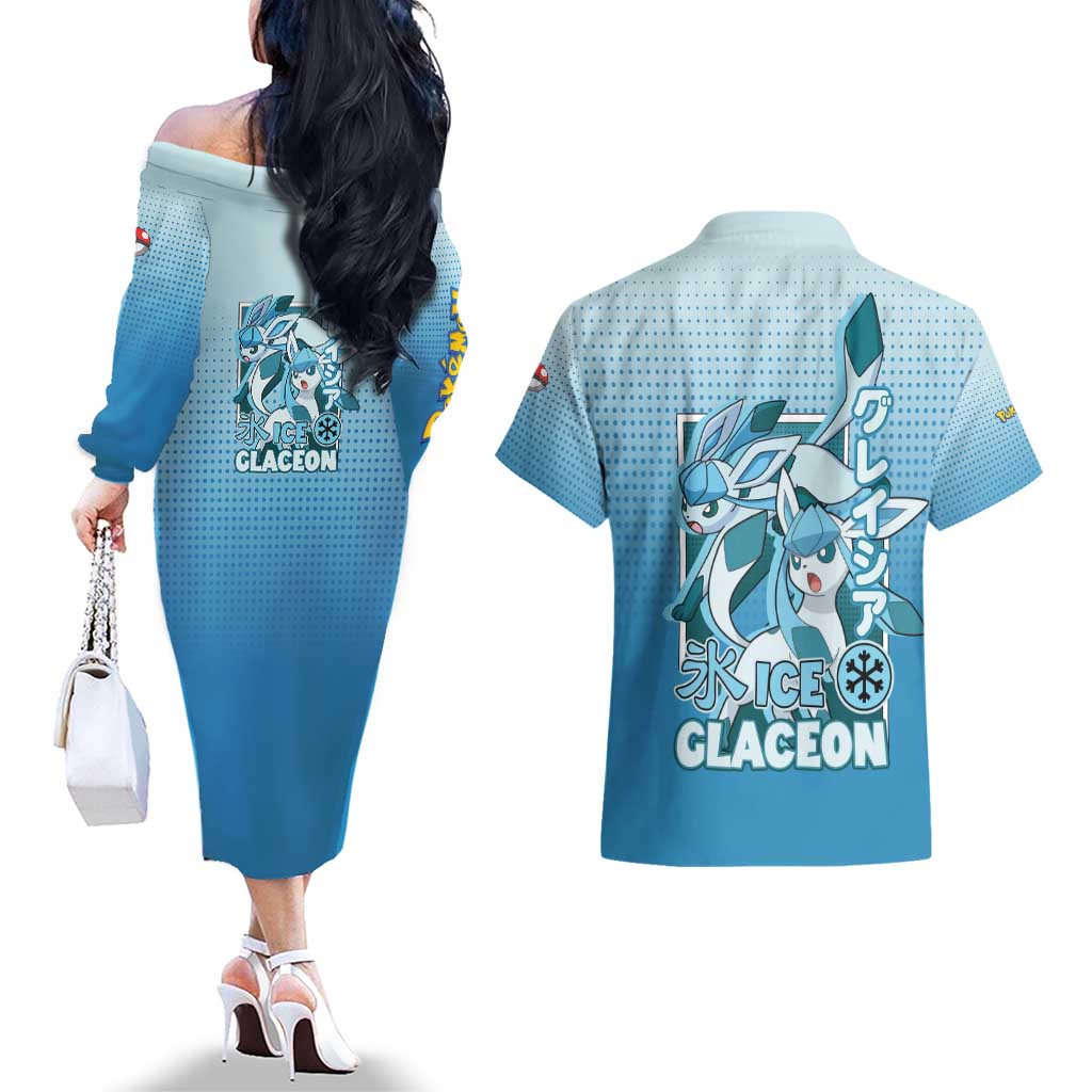 Glaceon from Poké Couples Matching Off The Shoulder Long Sleeve Dress and Hawaiian Shirt with Ice Type Ability and Elegant Pose Design - The Mazicc
