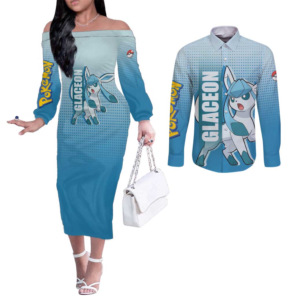 Glaceon from Poké Couples Matching Off The Shoulder Long Sleeve Dress and Long Sleeve Button Shirt with Ice Type Ability and Elegant Pose Design - The Mazicc