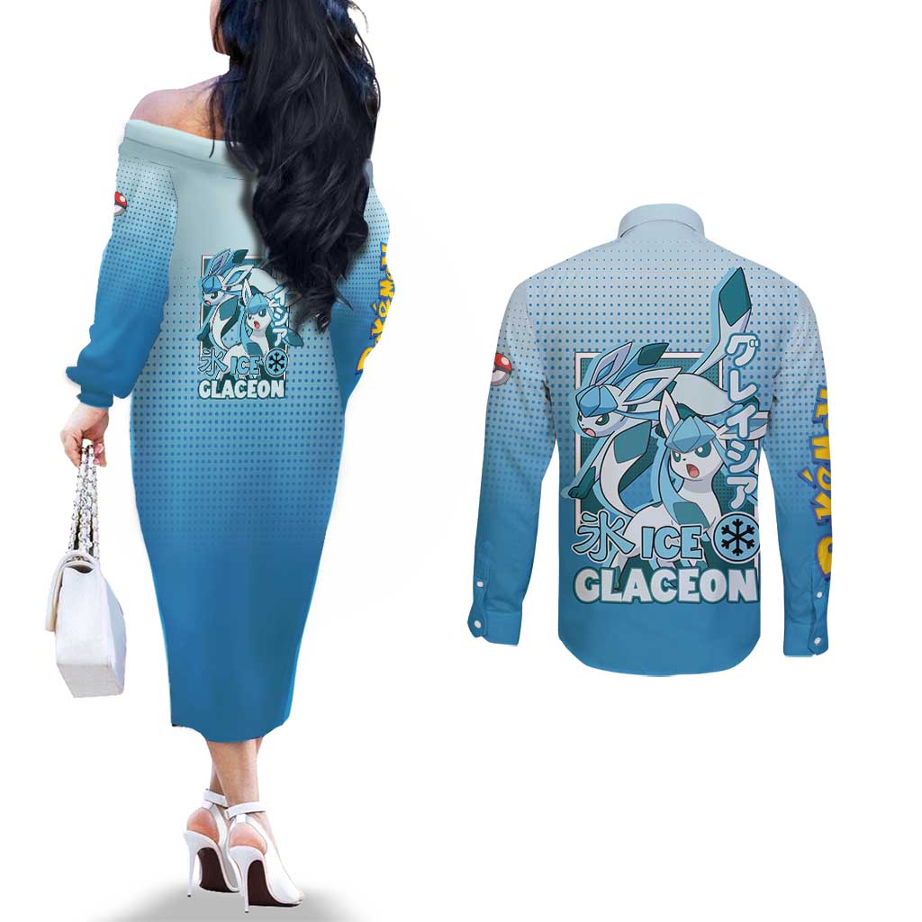 Glaceon from Poké Couples Matching Off The Shoulder Long Sleeve Dress and Long Sleeve Button Shirt with Ice Type Ability and Elegant Pose Design - The Mazicc