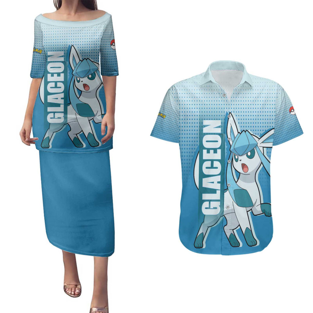 Glaceon from Poké Couples Matching Puletasi and Hawaiian Shirt with Ice Type Ability and Elegant Pose Design - The Mazicc