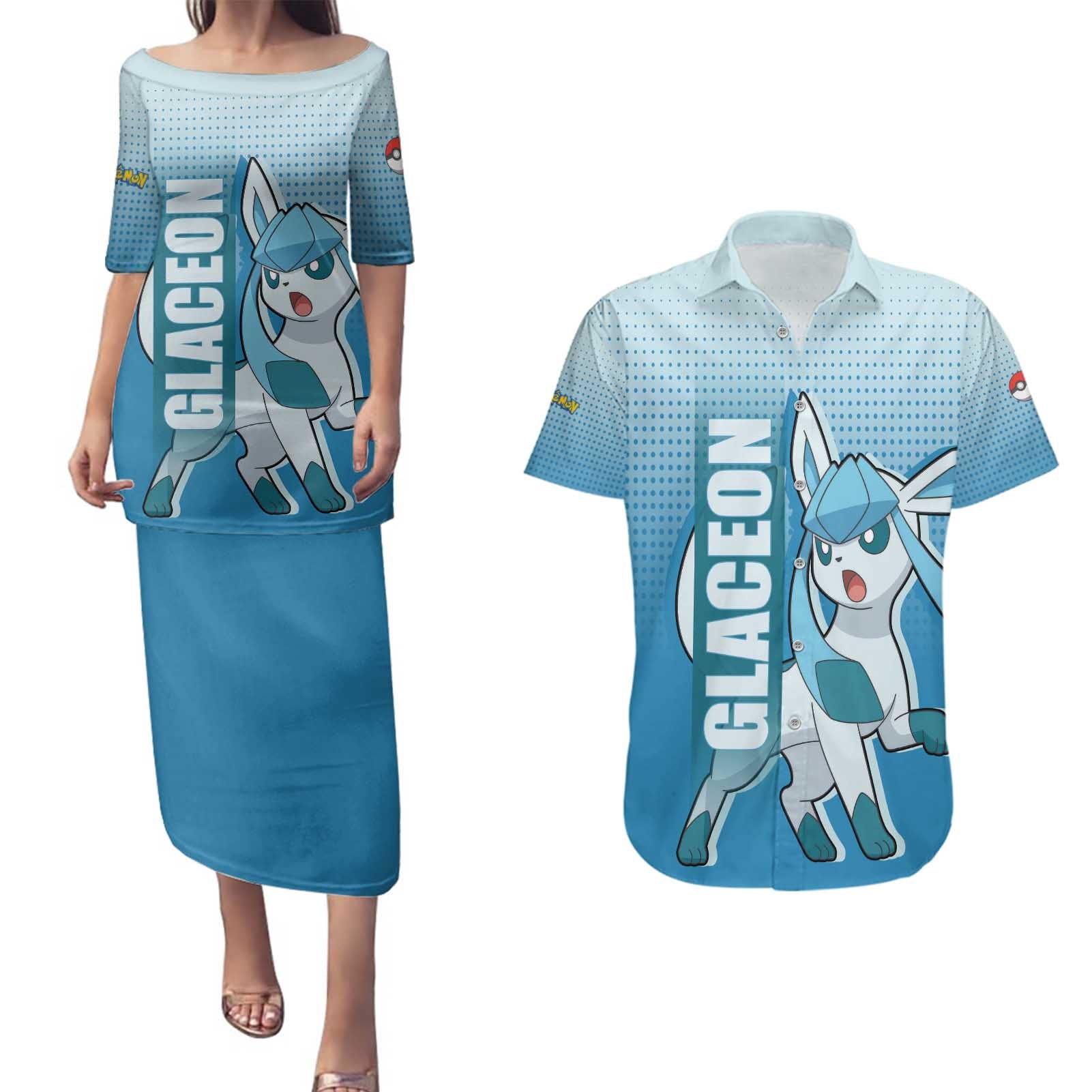 Glaceon from Poké Couples Matching Puletasi and Hawaiian Shirt with Ice Type Ability and Elegant Pose Design - The Mazicc