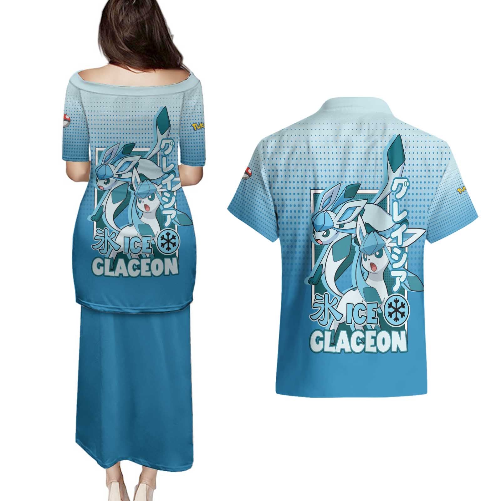 Glaceon from Poké Couples Matching Puletasi and Hawaiian Shirt with Ice Type Ability and Elegant Pose Design - The Mazicc
