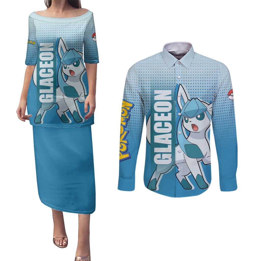 Glaceon from Poké Couples Matching Puletasi and Long Sleeve Button Shirt with Ice Type Ability and Elegant Pose Design - The Mazicc