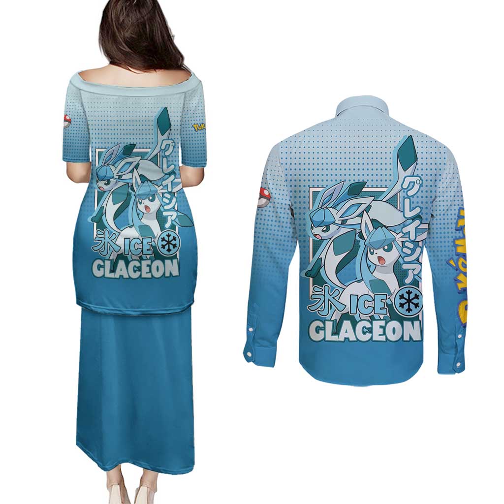Glaceon from Poké Couples Matching Puletasi and Long Sleeve Button Shirt with Ice Type Ability and Elegant Pose Design - The Mazicc