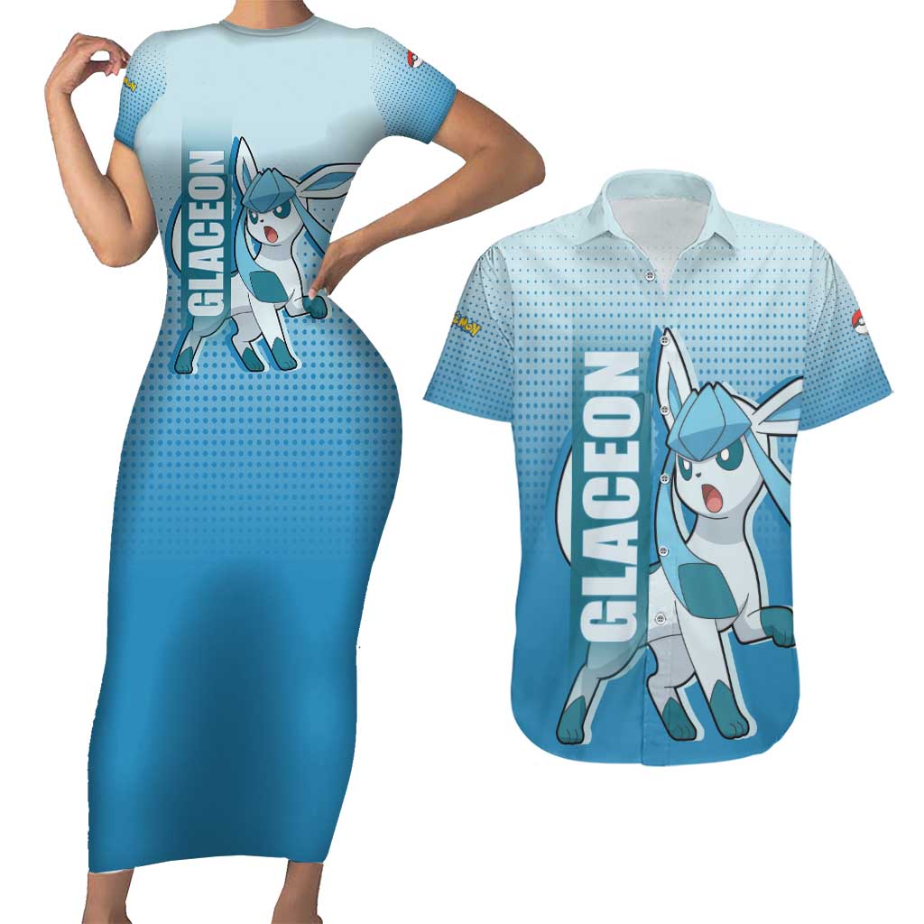 Glaceon from Poké Couples Matching Short Sleeve Bodycon Dress and Hawaiian Shirt with Ice Type Ability and Elegant Pose Design - The Mazicc