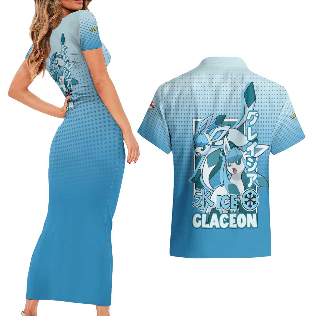 Glaceon from Poké Couples Matching Short Sleeve Bodycon Dress and Hawaiian Shirt with Ice Type Ability and Elegant Pose Design - The Mazicc