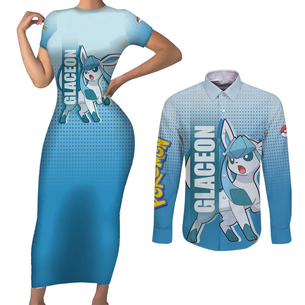 Glaceon from Poké Couples Matching Short Sleeve Bodycon Dress and Long Sleeve Button Shirt with Ice Type Ability and Elegant Pose Design - The Mazicc