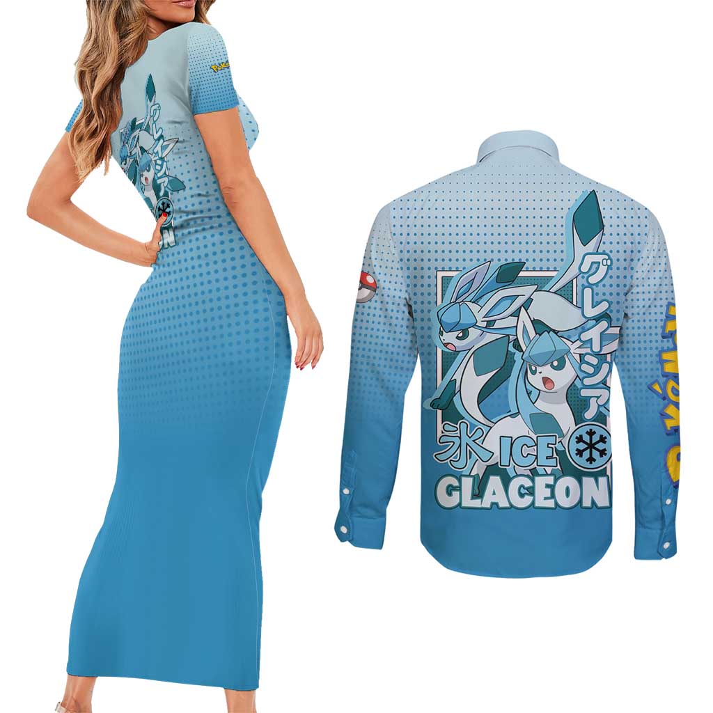 Glaceon from Poké Couples Matching Short Sleeve Bodycon Dress and Long Sleeve Button Shirt with Ice Type Ability and Elegant Pose Design - The Mazicc