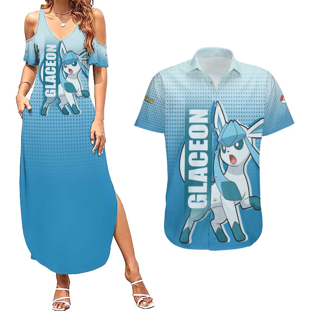 Glaceon from Poké Couples Matching Summer Maxi Dress and Hawaiian Shirt with Ice Type Ability and Elegant Pose Design - The Mazicc