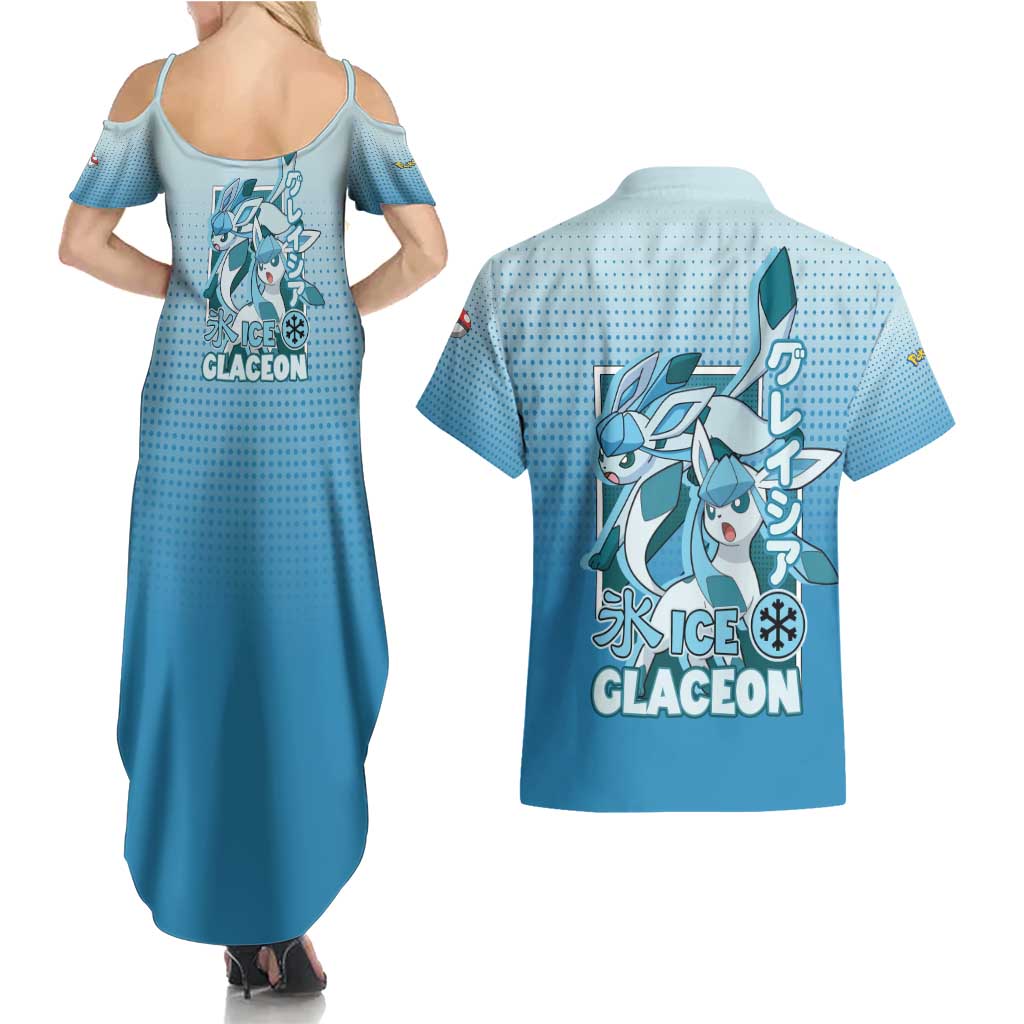 Glaceon from Poké Couples Matching Summer Maxi Dress and Hawaiian Shirt with Ice Type Ability and Elegant Pose Design - The Mazicc