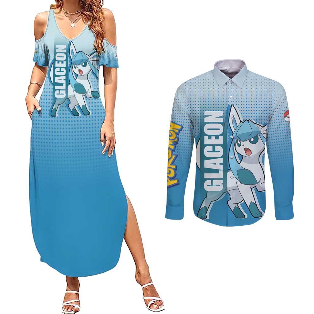 Glaceon from Poké Couples Matching Summer Maxi Dress and Long Sleeve Button Shirt with Ice Type Ability and Elegant Pose Design - The Mazicc