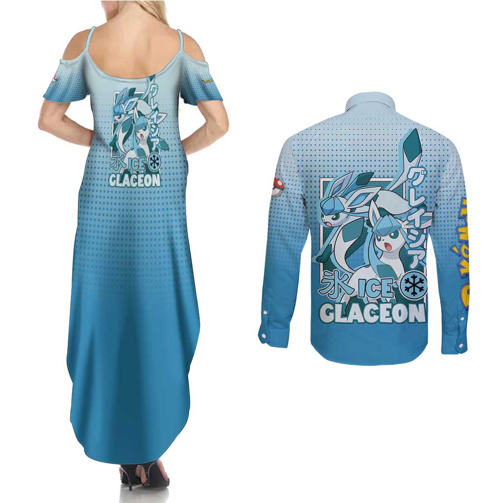 Glaceon from Poké Couples Matching Summer Maxi Dress and Long Sleeve Button Shirt with Ice Type Ability and Elegant Pose Design - The Mazicc