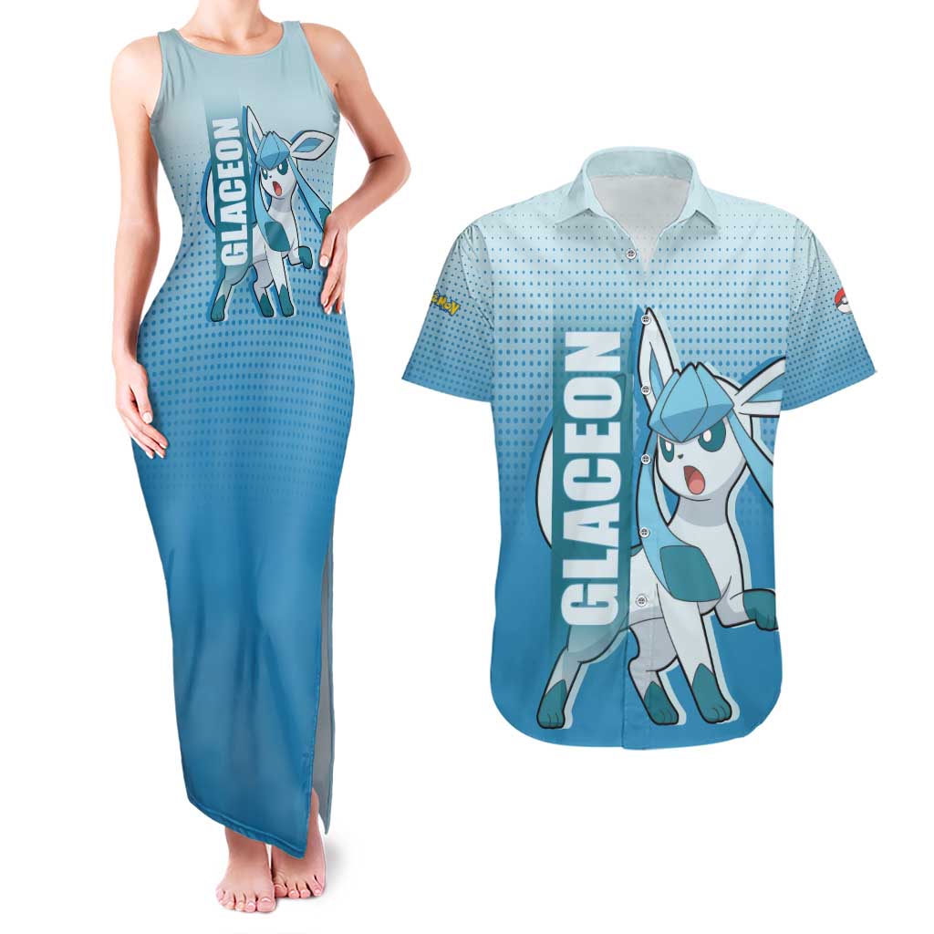 Glaceon from Poké Couples Matching Tank Maxi Dress and Hawaiian Shirt with Ice Type Ability and Elegant Pose Design - The Mazicc
