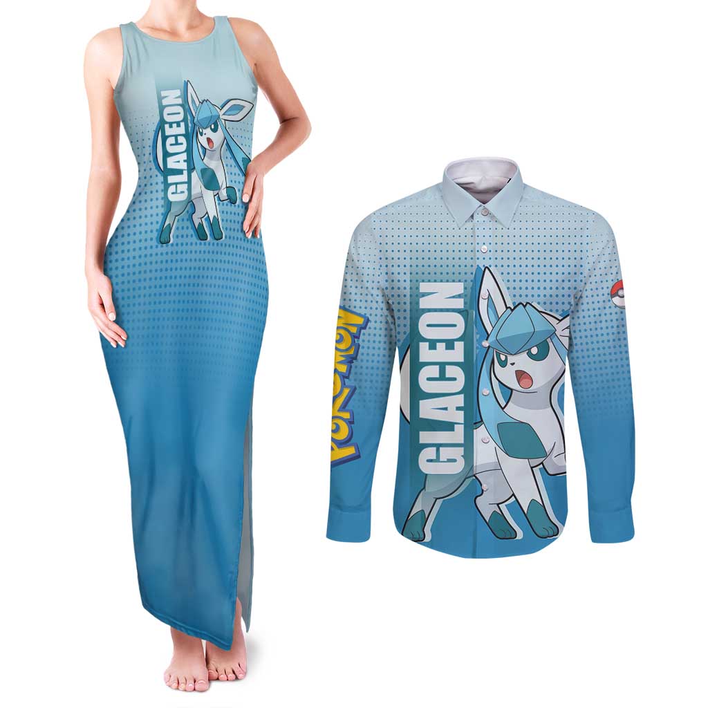 Glaceon from Poké Couples Matching Tank Maxi Dress and Long Sleeve Button Shirt with Ice Type Ability and Elegant Pose Design - The Mazicc