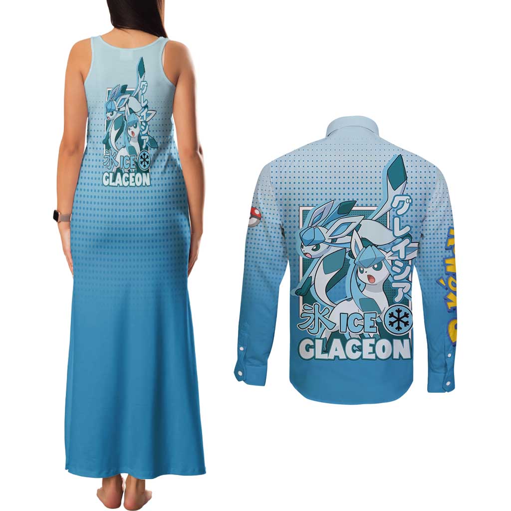 Glaceon from Poké Couples Matching Tank Maxi Dress and Long Sleeve Button Shirt with Ice Type Ability and Elegant Pose Design - The Mazicc