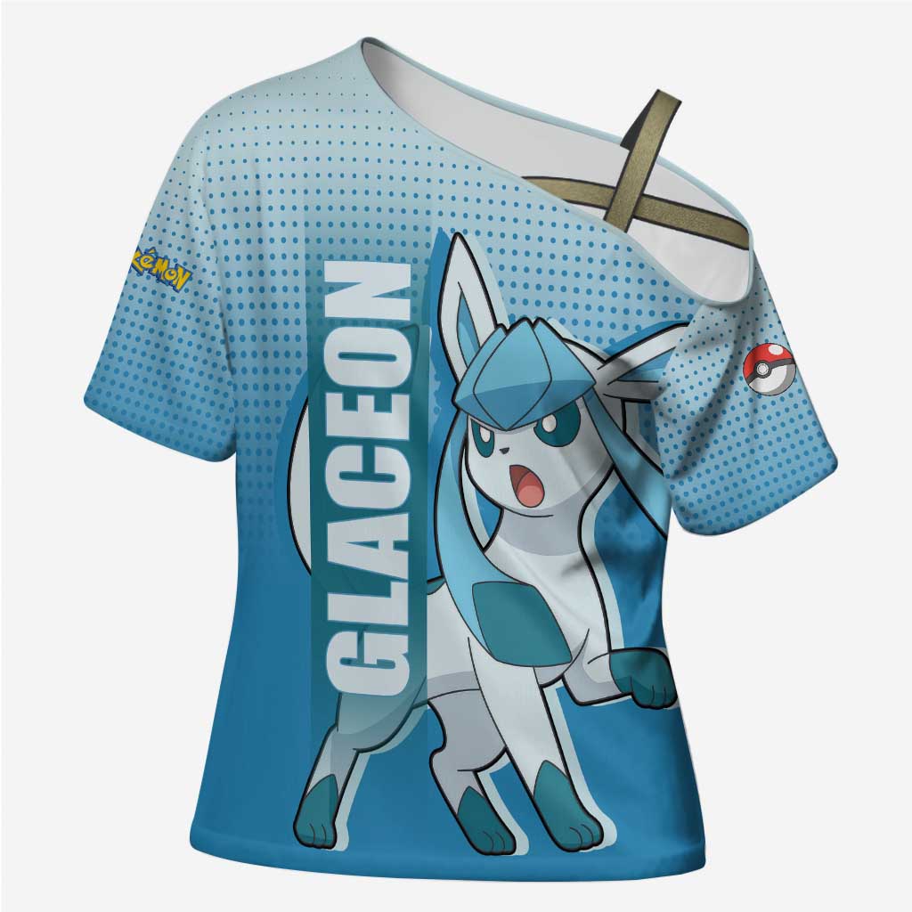 Glaceon from Poké Cross Shoulder Shirt with Ice Type Ability and Elegant Pose Design - The Mazicc