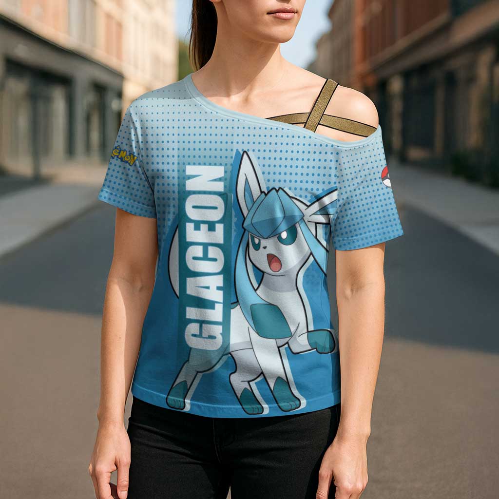 Glaceon from Poké Cross Shoulder Shirt with Ice Type Ability and Elegant Pose Design - The Mazicc
