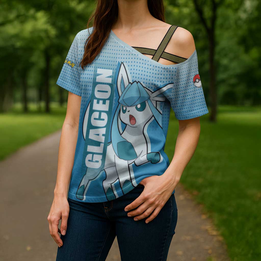 Glaceon from Poké Cross Shoulder Shirt with Ice Type Ability and Elegant Pose Design - The Mazicc