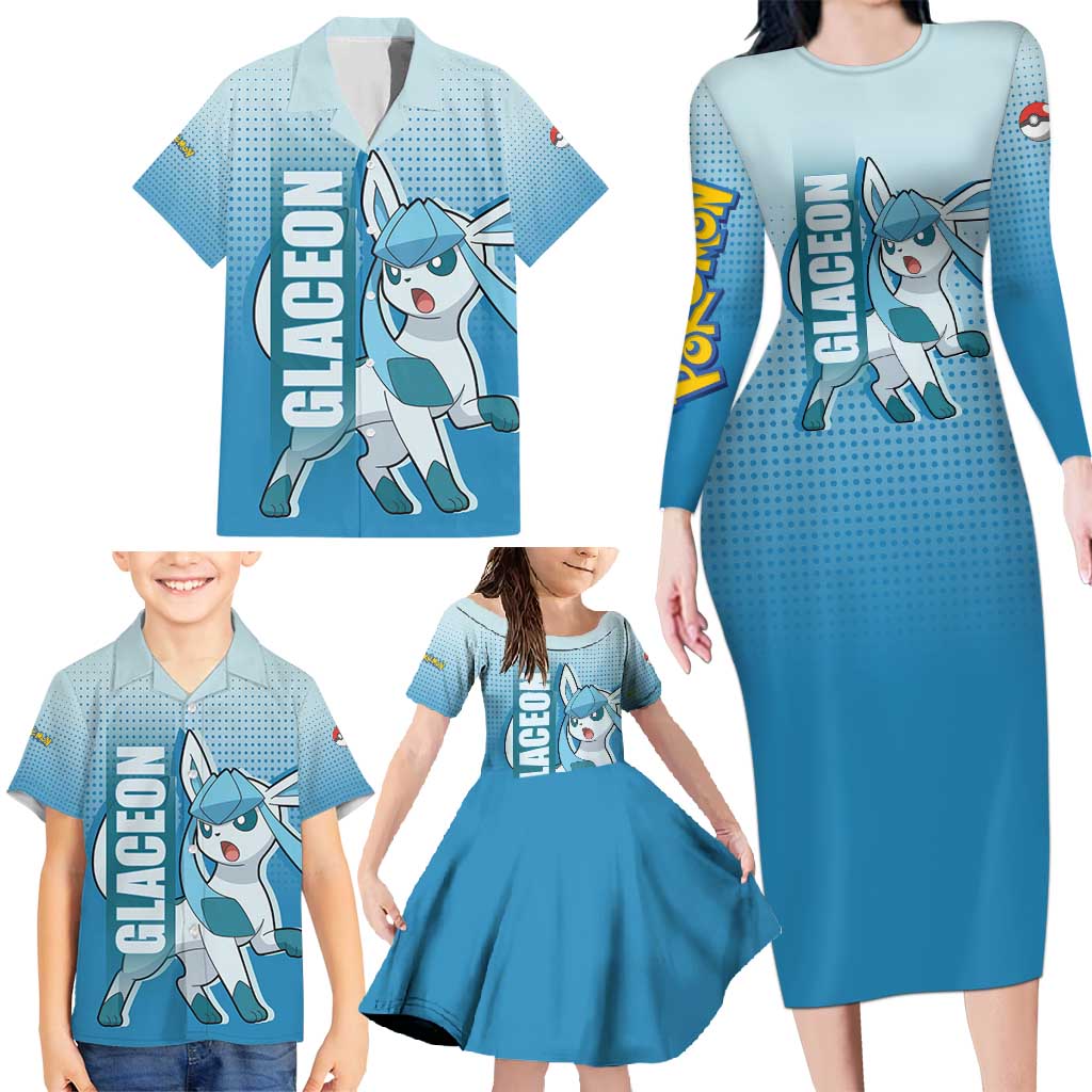 Glaceon from Poké Family Matching Long Sleeve Bodycon Dress and Hawaiian Shirt with Ice Type Ability and Elegant Pose Design - The Mazicc