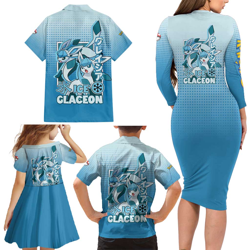 Glaceon from Poké Family Matching Long Sleeve Bodycon Dress and Hawaiian Shirt with Ice Type Ability and Elegant Pose Design - The Mazicc
