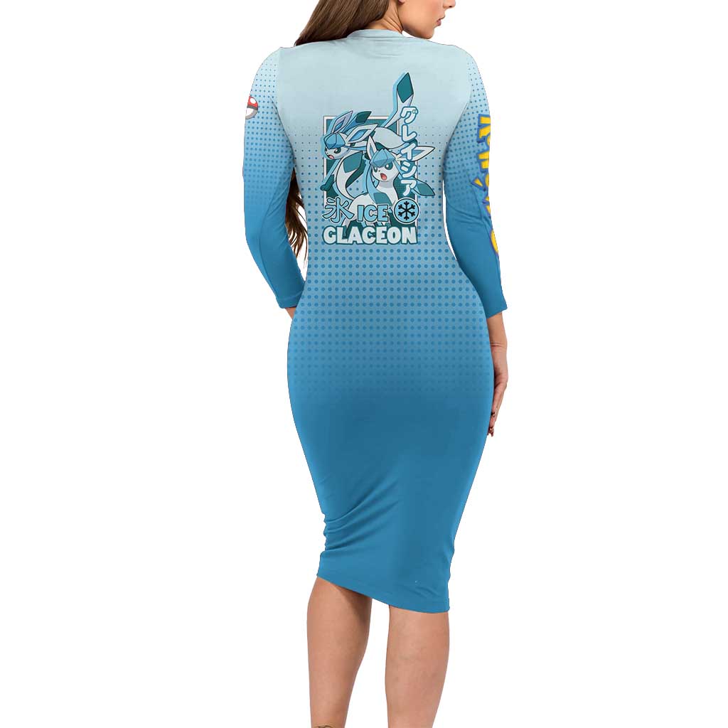 Glaceon from Poké Family Matching Long Sleeve Bodycon Dress and Hawaiian Shirt with Ice Type Ability and Elegant Pose Design - The Mazicc