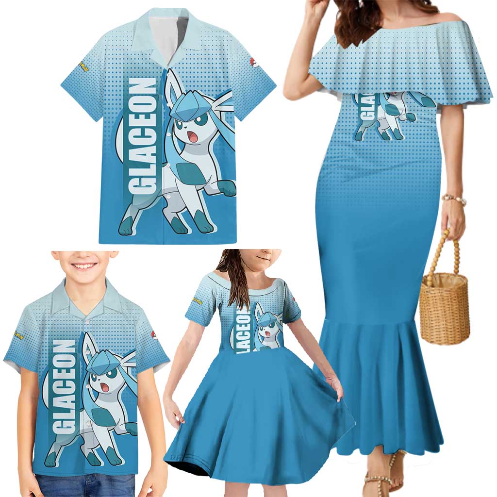 Glaceon from Poké Family Matching Mermaid Dress and Hawaiian Shirt with Ice Type Ability and Elegant Pose Design - The Mazicc