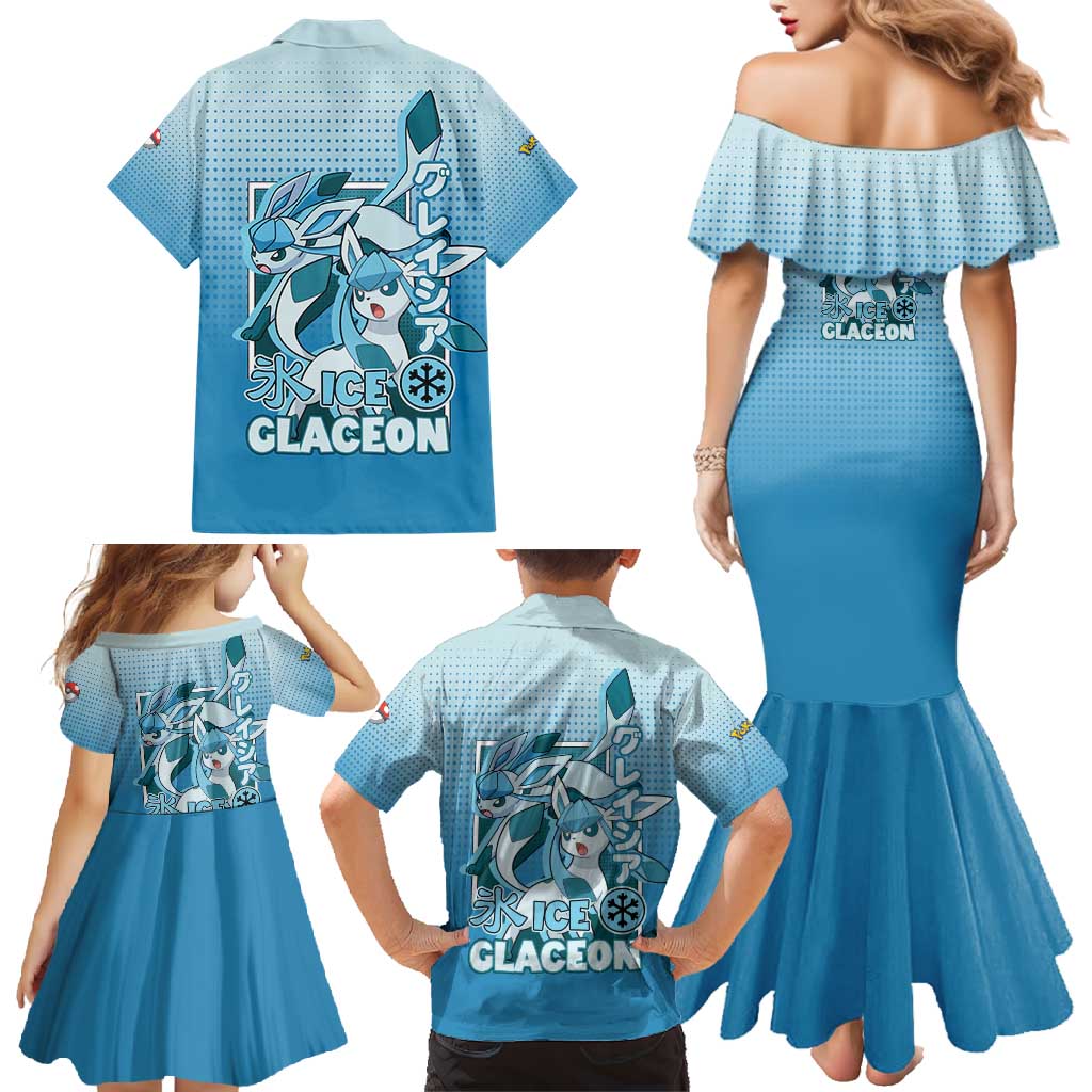Glaceon from Poké Family Matching Mermaid Dress and Hawaiian Shirt with Ice Type Ability and Elegant Pose Design - The Mazicc