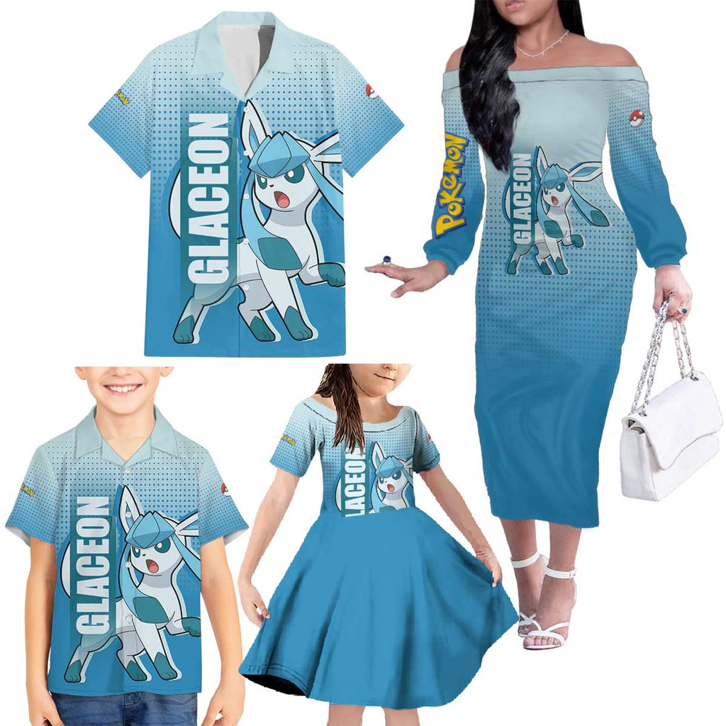 Glaceon from Poké Family Matching Off The Shoulder Long Sleeve Dress and Hawaiian Shirt with Ice Type Ability and Elegant Pose Design - The Mazicc