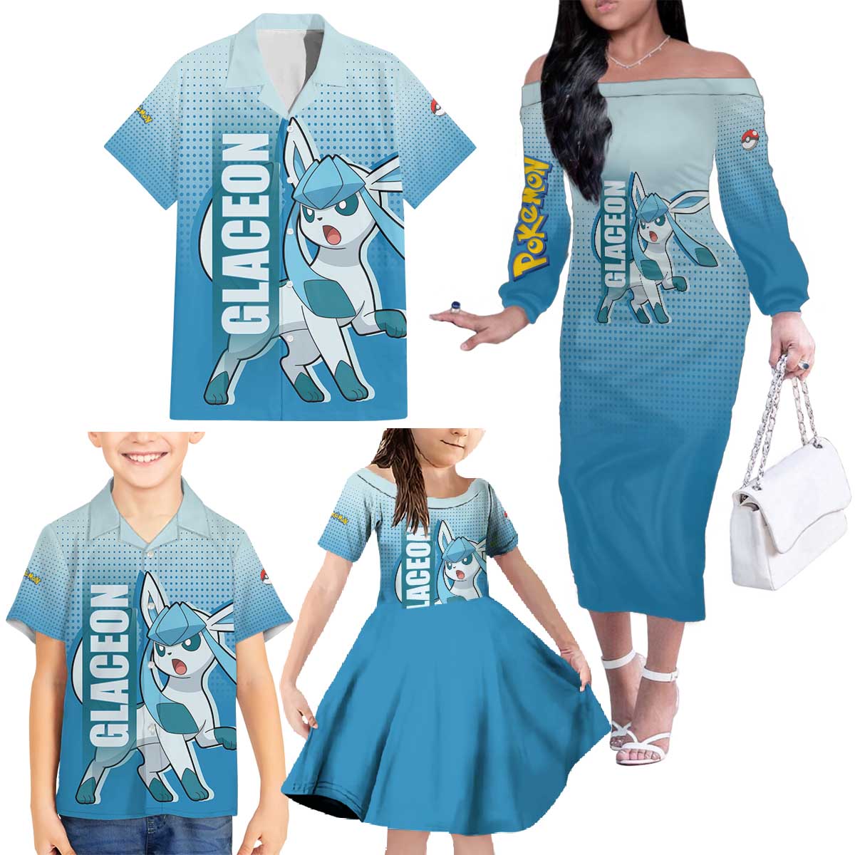 Glaceon from Poké Family Matching Off The Shoulder Long Sleeve Dress and Hawaiian Shirt with Ice Type Ability and Elegant Pose Design - The Mazicc
