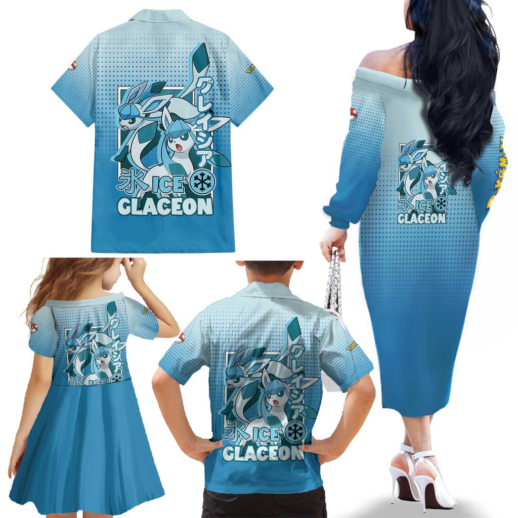 Glaceon from Poké Family Matching Off The Shoulder Long Sleeve Dress and Hawaiian Shirt with Ice Type Ability and Elegant Pose Design - The Mazicc