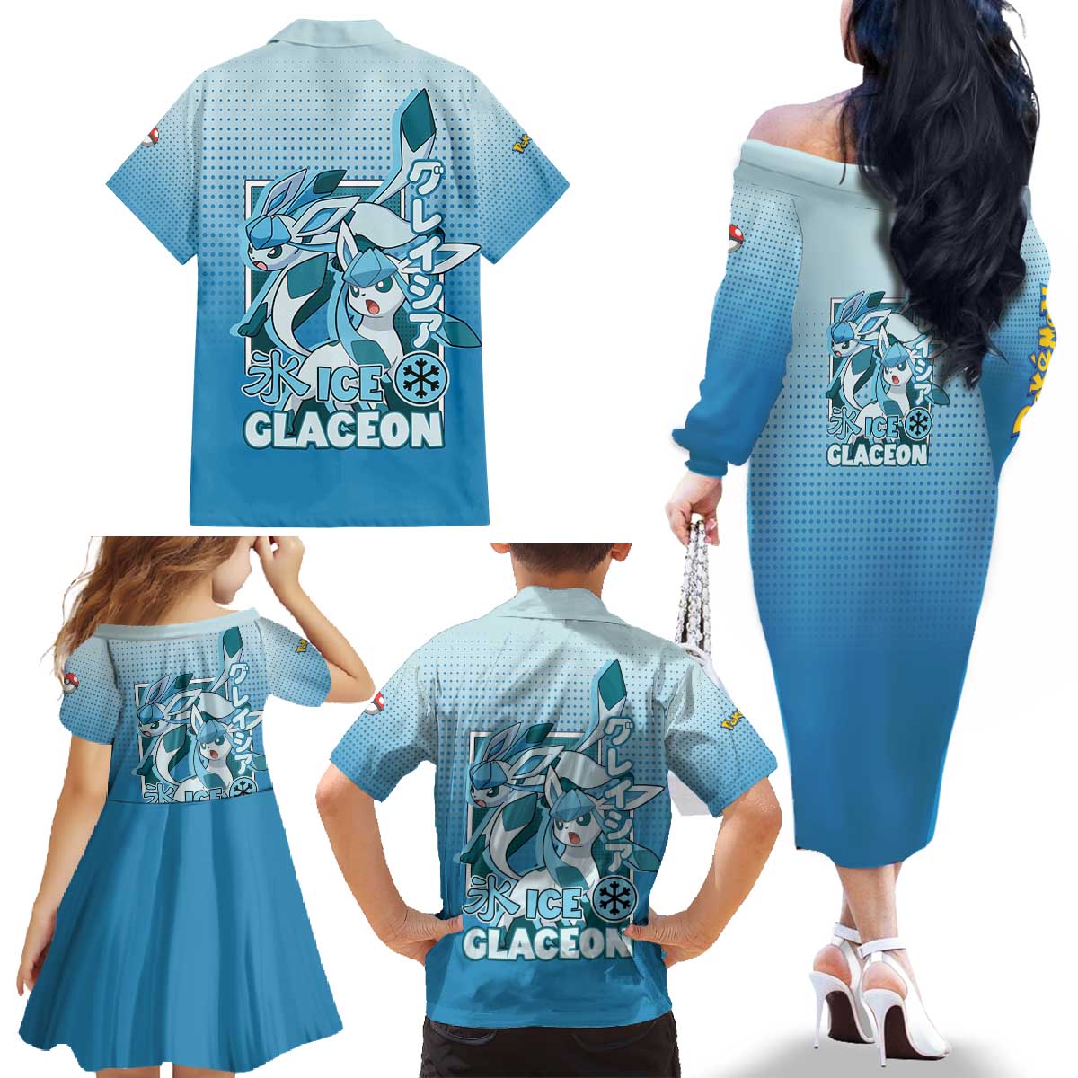 Glaceon from Poké Family Matching Off The Shoulder Long Sleeve Dress and Hawaiian Shirt with Ice Type Ability and Elegant Pose Design - The Mazicc