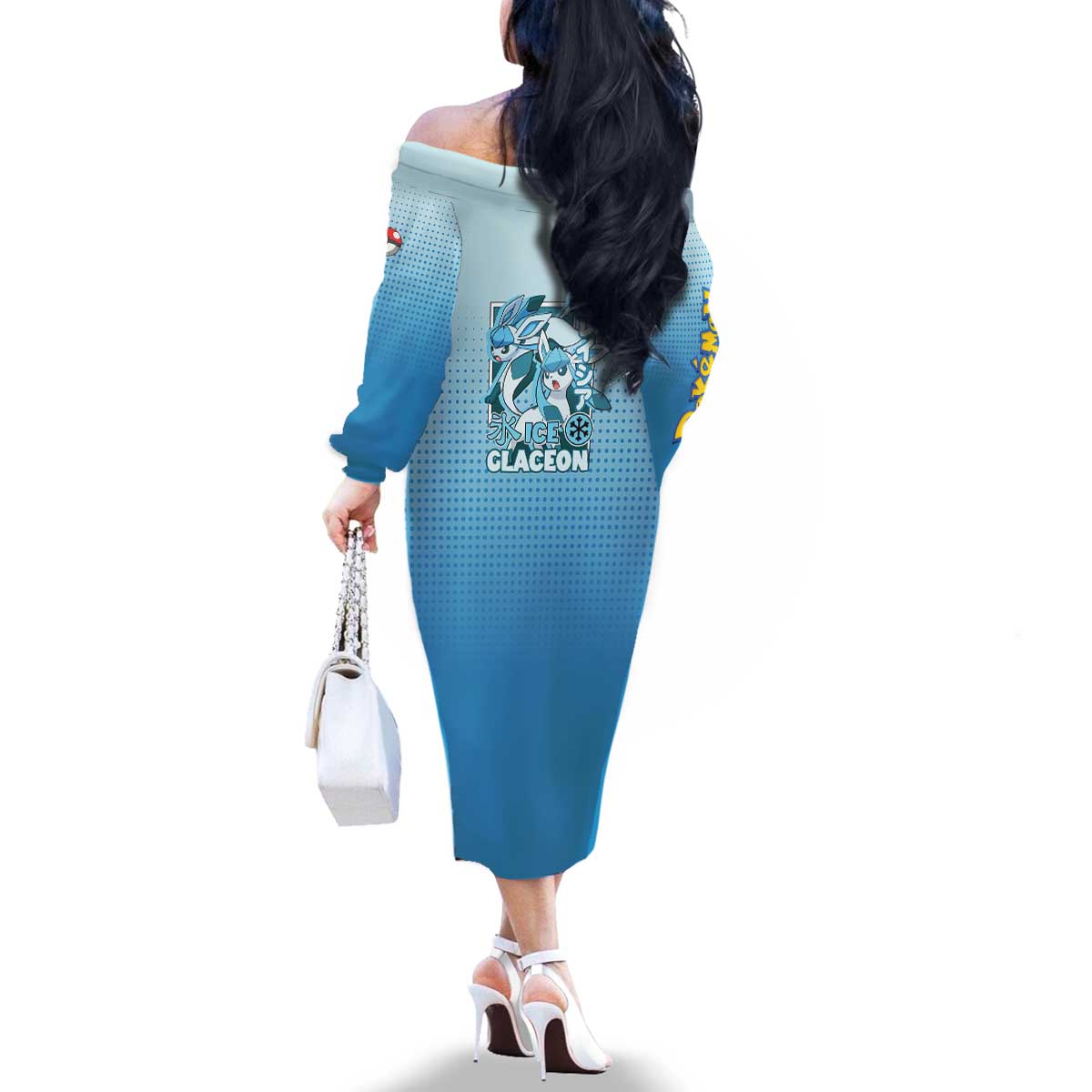 Glaceon from Poké Family Matching Off The Shoulder Long Sleeve Dress and Hawaiian Shirt with Ice Type Ability and Elegant Pose Design - The Mazicc