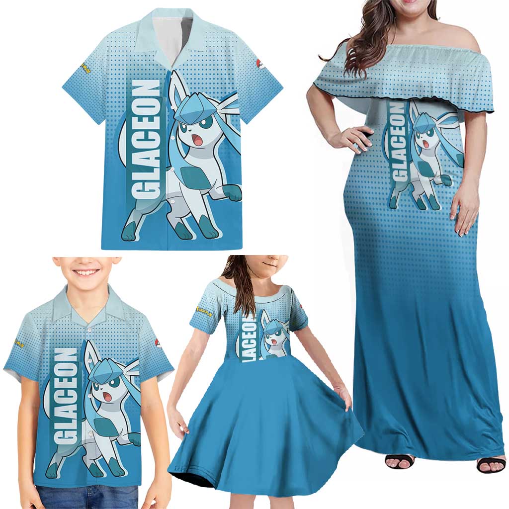 Glaceon from Poké Family Matching Off Shoulder Maxi Dress and Hawaiian Shirt with Ice Type Ability and Elegant Pose Design - The Mazicc