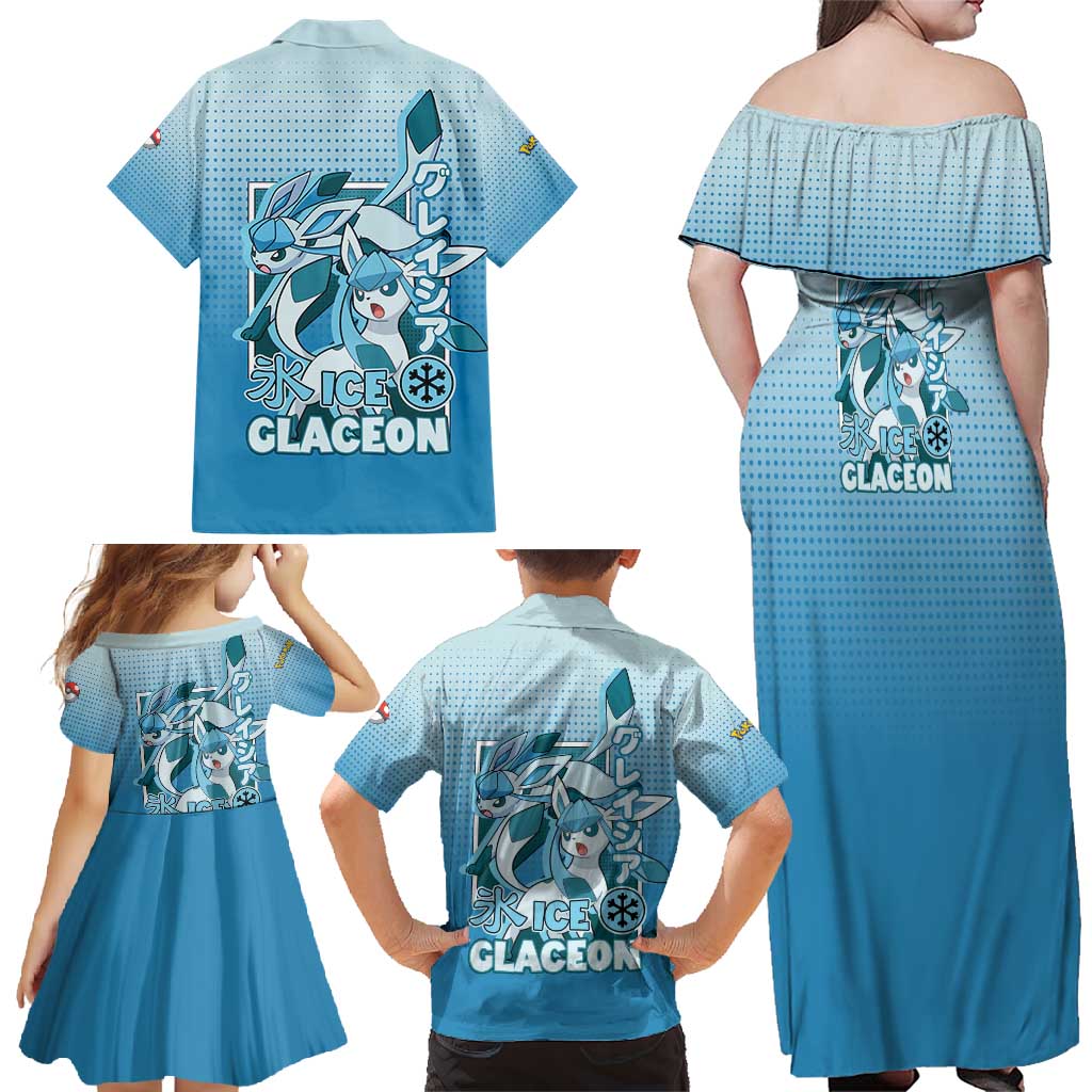 Glaceon from Poké Family Matching Off Shoulder Maxi Dress and Hawaiian Shirt with Ice Type Ability and Elegant Pose Design - The Mazicc