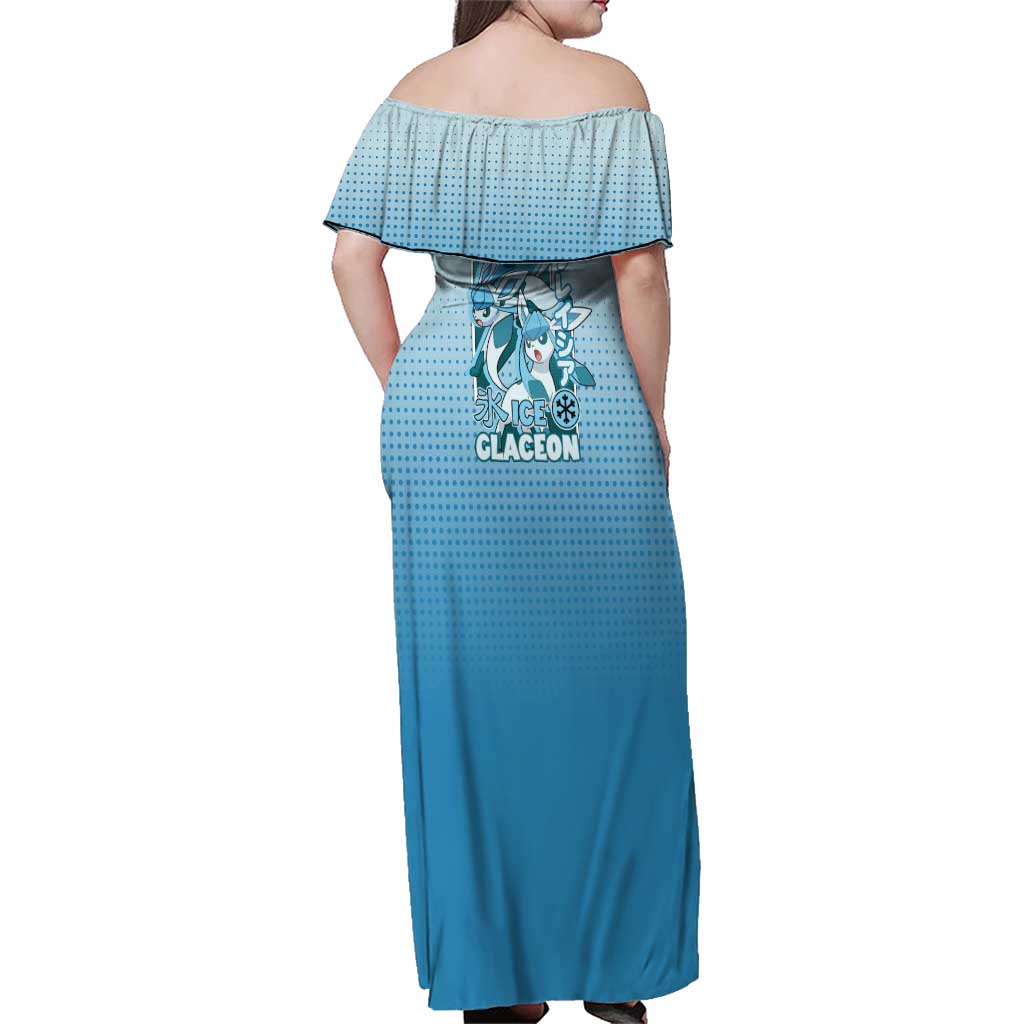 Glaceon from Poké Family Matching Off Shoulder Maxi Dress and Hawaiian Shirt with Ice Type Ability and Elegant Pose Design - The Mazicc