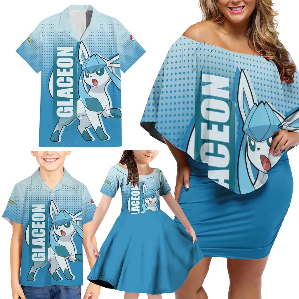 Glaceon from Poké Family Matching Off Shoulder Short Dress and Hawaiian Shirt with Ice Type Ability and Elegant Pose Design - The Mazicc