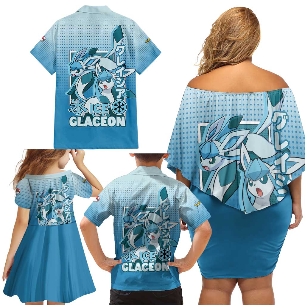 Glaceon from Poké Family Matching Off Shoulder Short Dress and Hawaiian Shirt with Ice Type Ability and Elegant Pose Design - The Mazicc