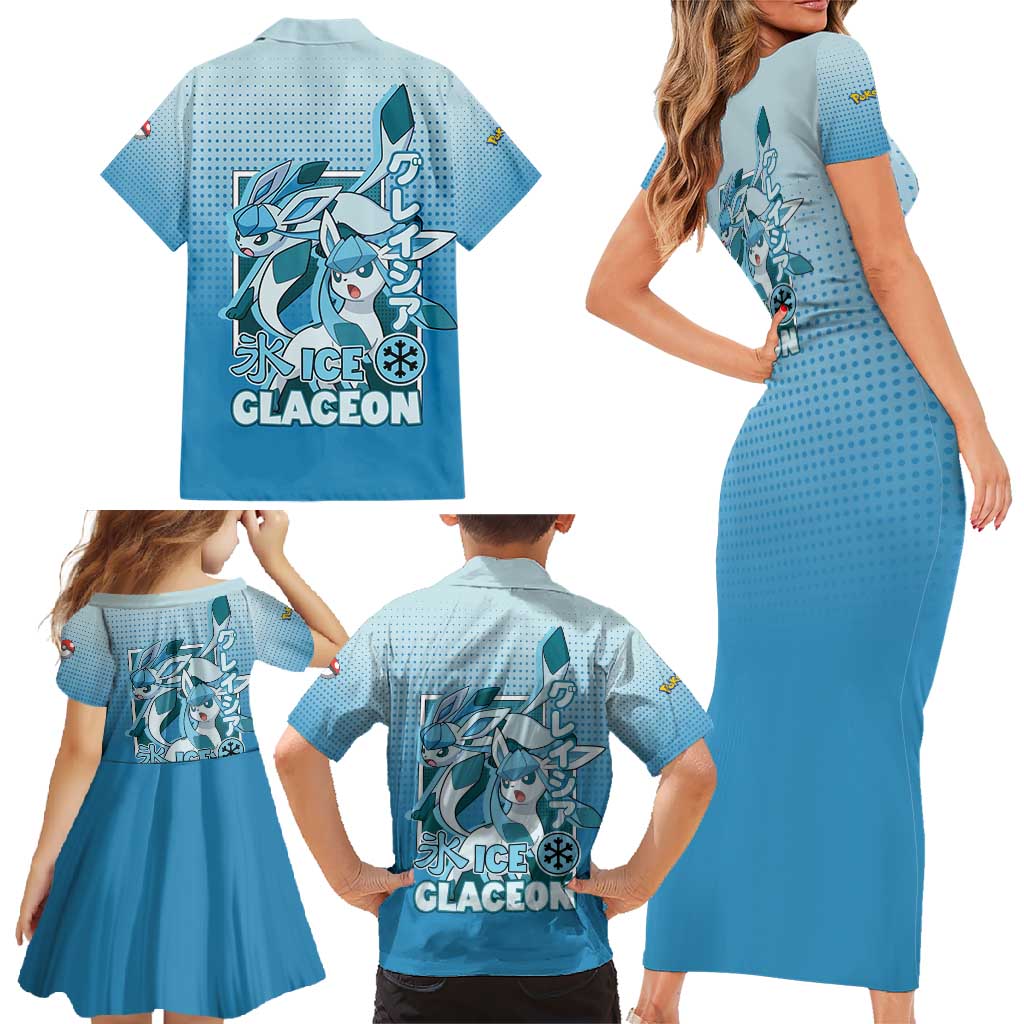 Glaceon from Poké Family Matching Short Sleeve Bodycon Dress and Hawaiian Shirt with Ice Type Ability and Elegant Pose Design - The Mazicc