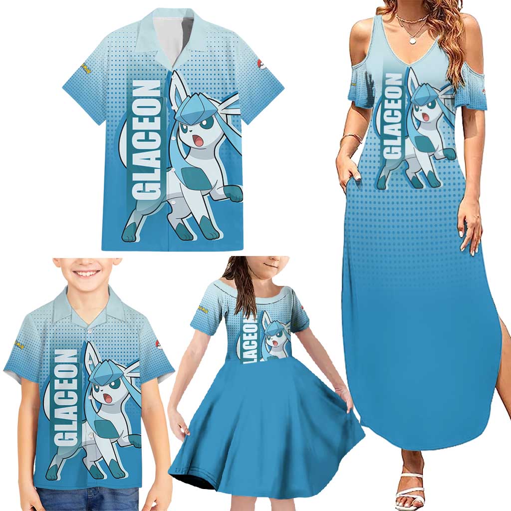 Glaceon from Poké Family Matching Summer Maxi Dress and Hawaiian Shirt with Ice Type Ability and Elegant Pose Design - The Mazicc
