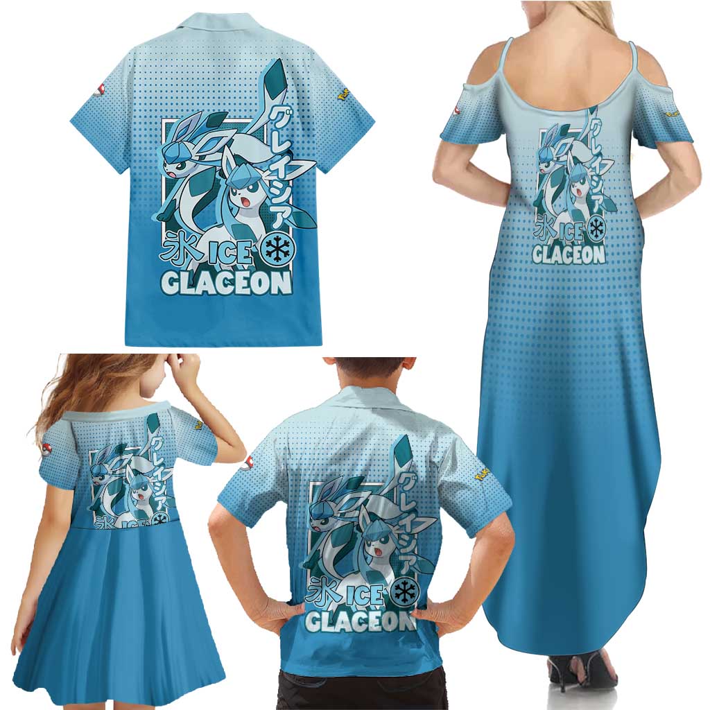 Glaceon from Poké Family Matching Summer Maxi Dress and Hawaiian Shirt with Ice Type Ability and Elegant Pose Design - The Mazicc