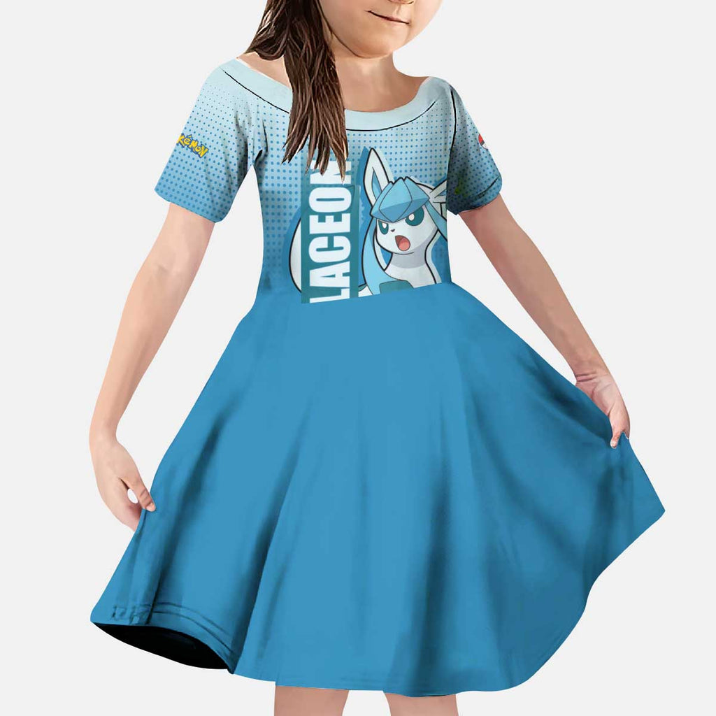 Glaceon from Poké Kid Short Sleeve Dress with Ice Type Ability and Elegant Pose Design - The Mazicc