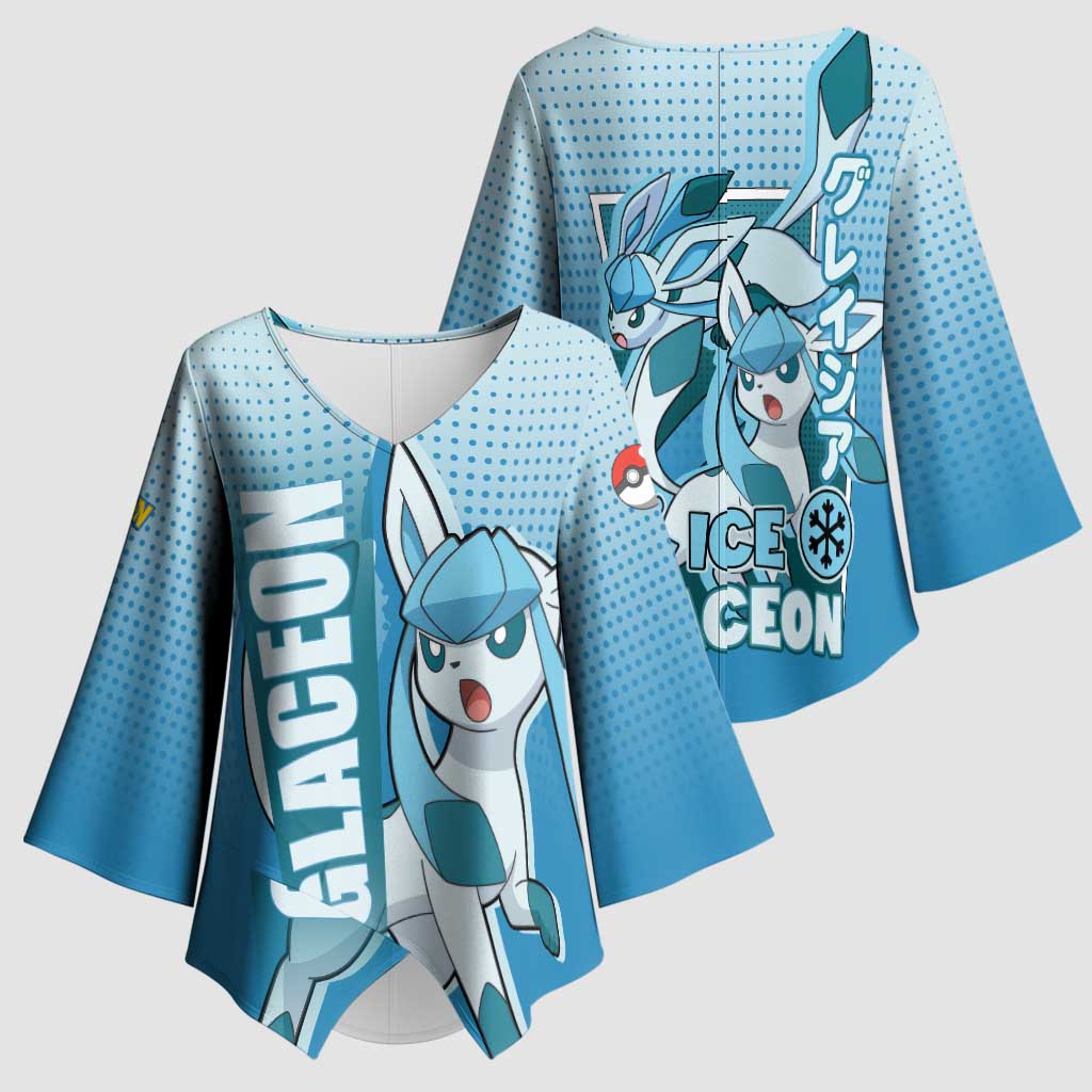 Glaceon from Poké Kimono Sleeve Blouse with Ice Type Ability and Elegant Pose Design - The Mazicc