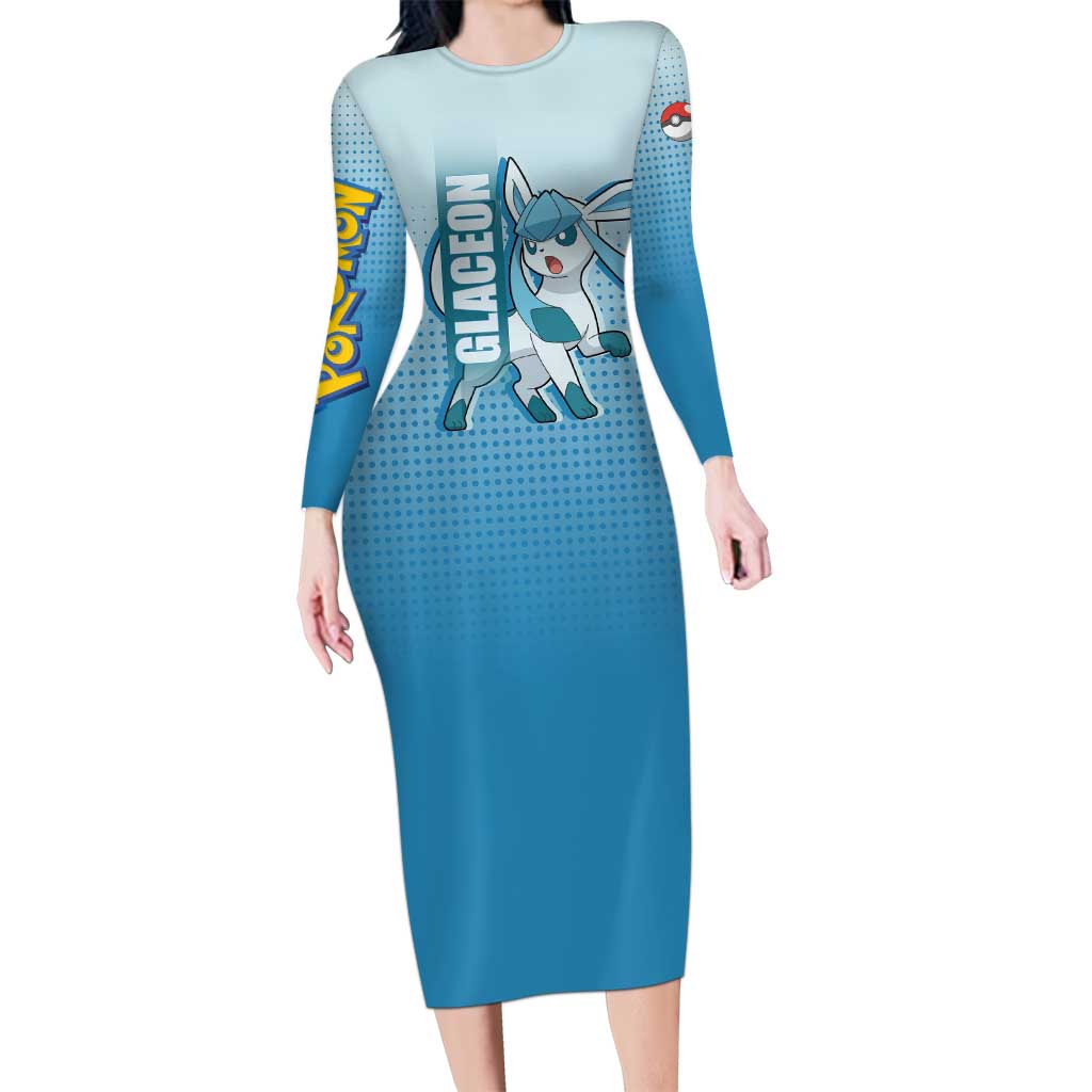 Glaceon from Poké Long Sleeve Bodycon Dress with Ice Type Ability and Elegant Pose Design - The Mazicc