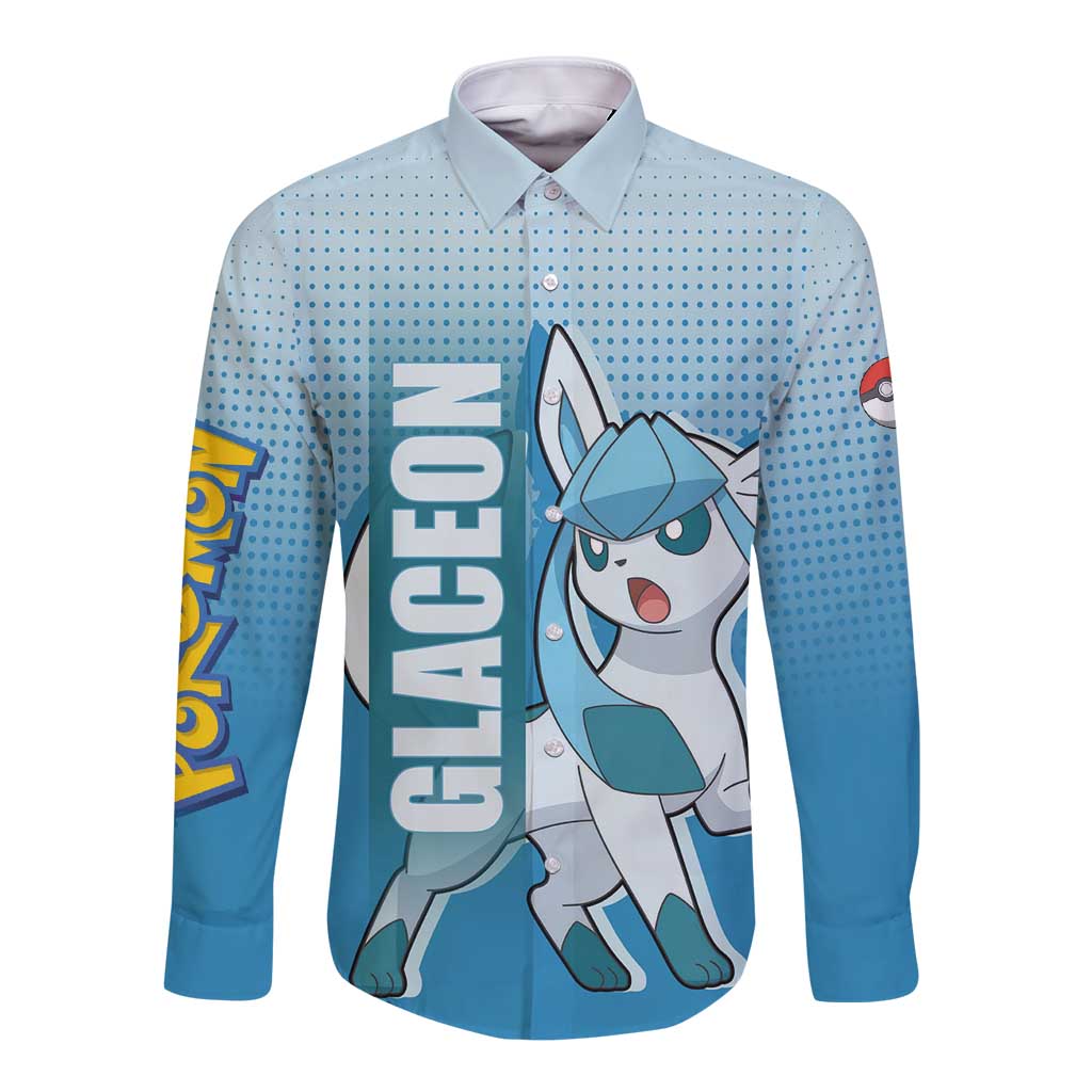 Glaceon from Poké Long Sleeve Button Shirt with Ice Type Ability and Elegant Pose Design - The Mazicc