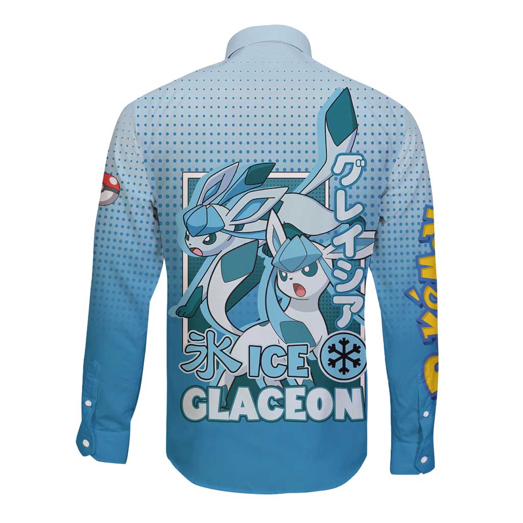 Glaceon from Poké Long Sleeve Button Shirt with Ice Type Ability and Elegant Pose Design - The Mazicc