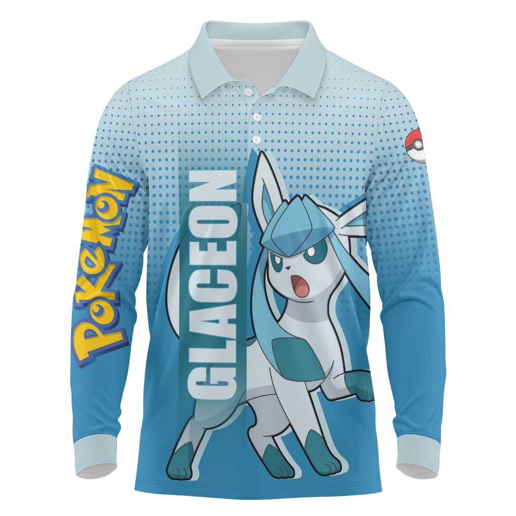 Glaceon from Poké Long Sleeve Polo Shirt with Ice Type Ability and Elegant Pose Design - The Mazicc