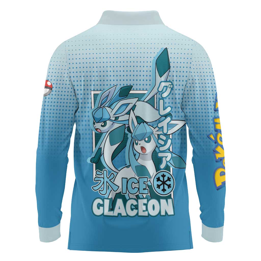 Glaceon from Poké Long Sleeve Polo Shirt with Ice Type Ability and Elegant Pose Design - The Mazicc