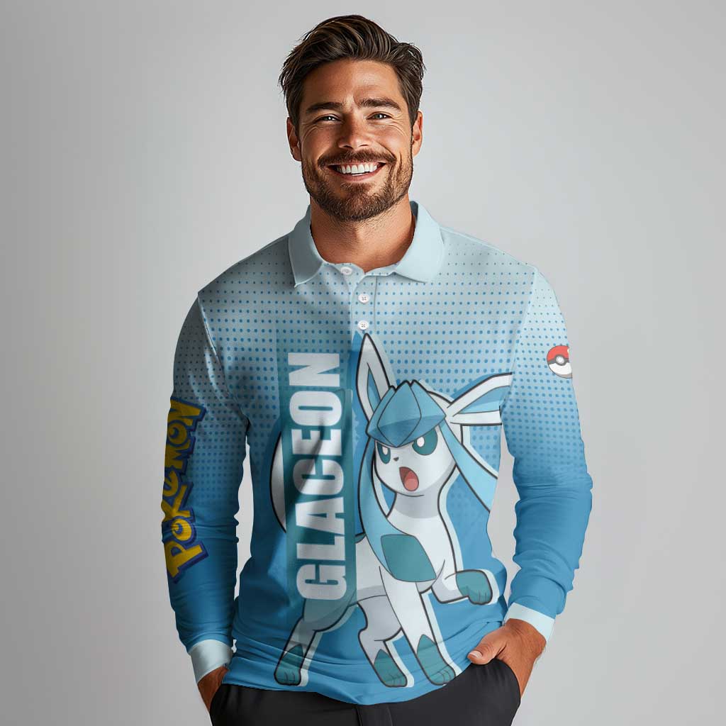 Glaceon from Poké Long Sleeve Polo Shirt with Ice Type Ability and Elegant Pose Design - The Mazicc