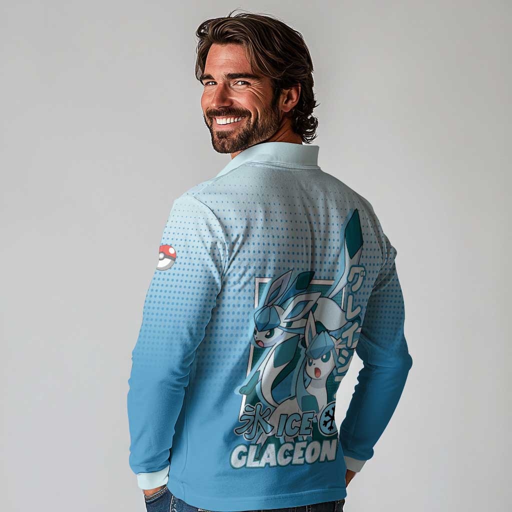Glaceon from Poké Long Sleeve Polo Shirt with Ice Type Ability and Elegant Pose Design - The Mazicc